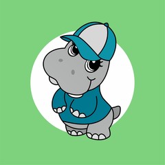 Illustration of Hippopotamus Wears a Blue Hat and Shirt Cartoon, Cute Funny Character, Flat Design