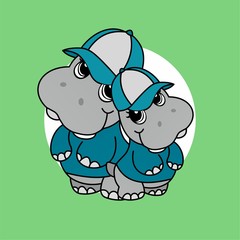 Illustration of Hippopotamus Wears a Blue Hat and Shirt Cartoon, Cute Funny Character, Flat Design
