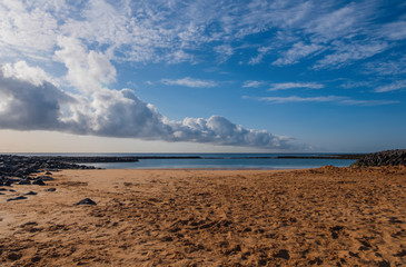 Caleta de Fuste, Antigua, Canary Islands - october 2019: La Guirra beach at sunrise