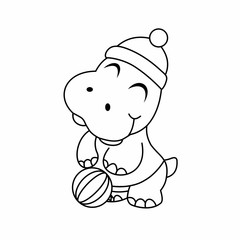 Coloring of Hippopotamus Wear Hats While Closing Their Eyes and There are Ball on Their Feet Cartoon, Cute Funny Character, Flat Design