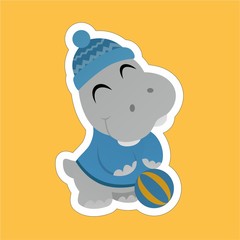 Stickers of Hippopotamus Wear Hats While Closing Their Eyes and There are Ball on Their Feet Cartoon, Cute Funny Character, Flat Design