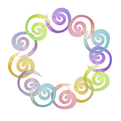 Watercolor background. Rainbow spirals frame. Round hand drawn border on white Background. Grunge icon, symbol for logo, party decor, your text, photo