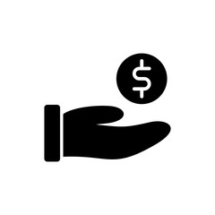 Donation glyph icon design. Caring people illustration design. Gesture hand with money donation sign symbol. Black glyph vector icon.