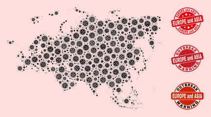 Outbreak composition of infection mosaic Europe and Asia map and textured seals. Vector red watermarks with distress rubber texture and Outbreak Warning caption.