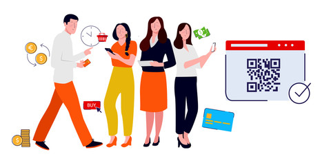 Modern women use cashless payment including QR Code methods for transactions with modern vector illustration concept of digital payment online payment