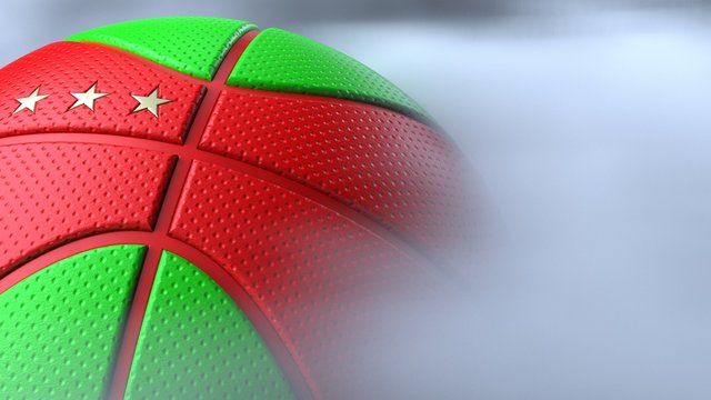 Red-Green Basketball with three stars in brown toned foggy smoke background. 3D sketch design and illustration. 3D high quality rendering.