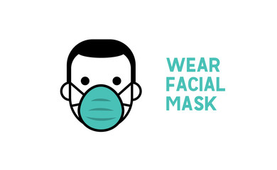 Medical face protection mask icon. Man using protective surgical mask for coronavirus prevention. Linear art vector.