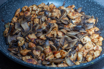 chicken with champignons and onion on a pan