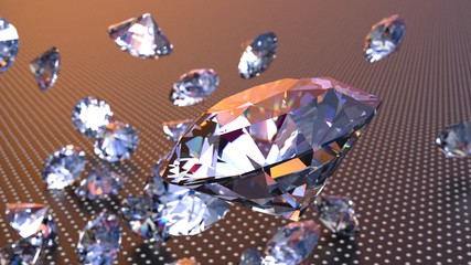 Shiny Diamonds falling on black leather surface background. 3D illustration. 3D CG. High resolution.