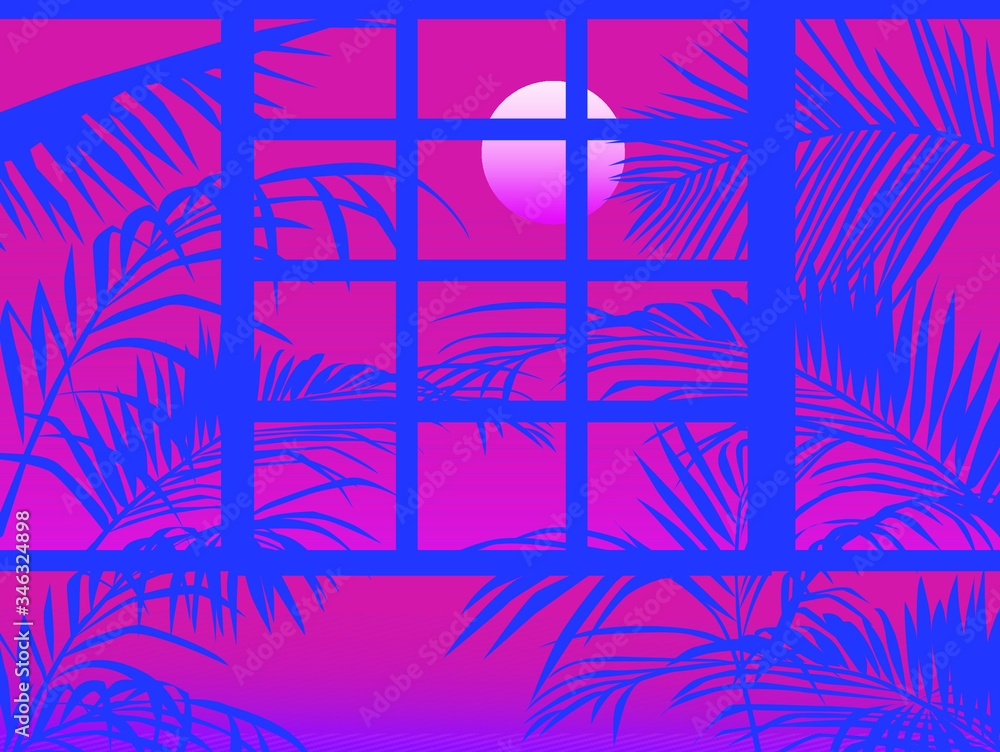 Poster view on window with pink neon light and coconut palm trees or ferns around. lounge atmosphere of tro