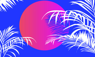 Fototapeta na wymiar Tropical summer sunset landscape with coconut palm trees or ferns. Lounge atmosphere on vacations.Vaporwave and retrowave style illustration for print or cover.