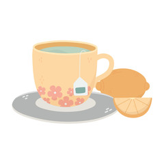 tea time, tea cup with tea bag slice lemon on saucer