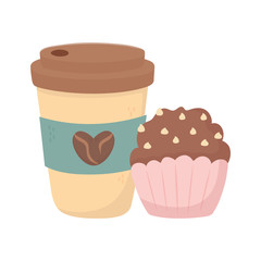 coffee time, disposable cup and sweet cupcake fresh aroma beverage