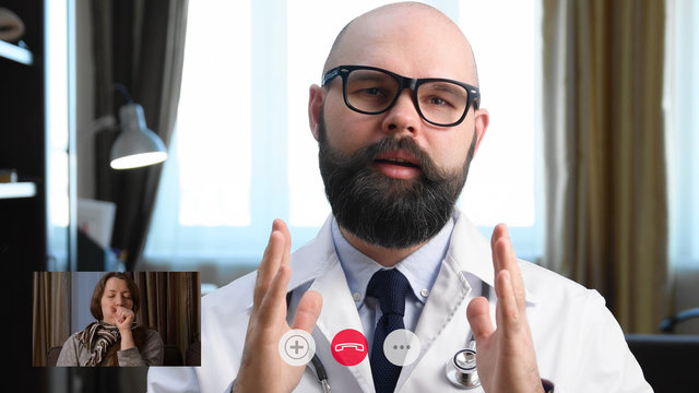 Telemedicine. Consultation with physician through mobile video call. Woman calling from home and talking to a doctor online. Screen interface, picture-in-picture (PiP)