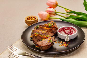 Roast and braised duck breast with sweet and sour berry sauce