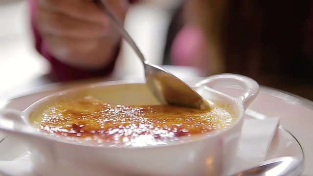 Creme Brulee dessert close up. Shot in Little Italy NYC.