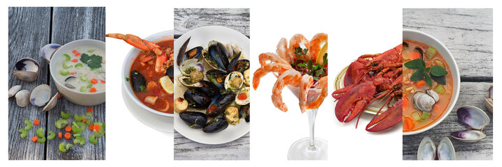 Photo collage of seafood dishes.