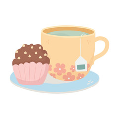 tea time, cup and sweet cupcake in dish design