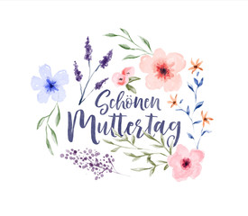 Mother's day german watercolor flower card - obrazy, fototapety, plakaty