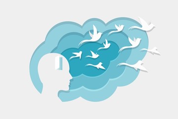 head with birds flying out from a door in his head