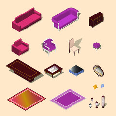 Collection of many furniture vector. Consist of sofa, chair, credenza, table, mirror, carpet, cushion, and lamp.