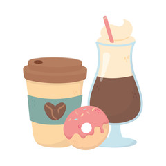 coffee time, takeaway cup latte and donut fresh aroma beverage