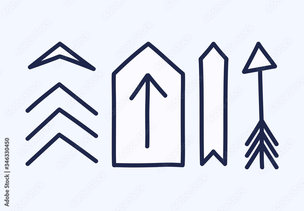 Poster set of hand drawn different decorative arrow. sketch style vector illustration. arrow element drawn 