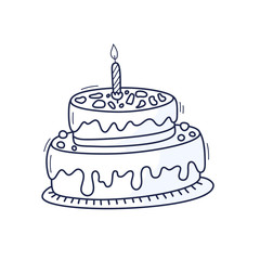 Birthday cake with candle. Symbol of celebration. Doodle cartoon Hand drawn vector illustration.