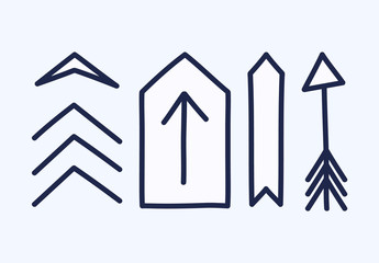 Set of hand drawn different decorative arrow. Sketch style vector illustration. Arrow element drawn with a brush-pen. Isolated vector.