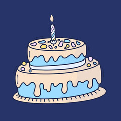 Birthday cake with candle. Symbol of celebration. Doodle cartoon Hand drawn vector illustration.