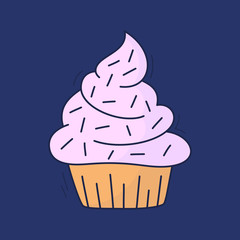 cartoon cakes in vector. Hand drawn dessert in vintage style. Cap cake with cream. Sweet food isolated on background. Illustration line art colored version. Doodle