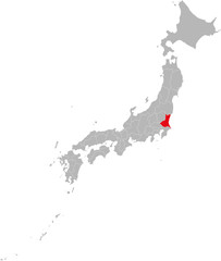 Ibaraki province highlighted red on Japan map. Gray background. Business concepts and backgrounds.