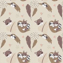 Kids baby pattern of sloth and raccoon in the pastel backdrop