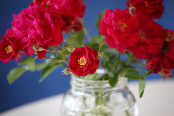 red roses with yellow center in vase