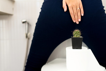 Woman standing in toilet with cactus and suffering from hemorrhoids,Constipation disease