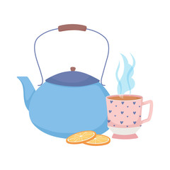 tea time, kettle cup and half lemon beverage design