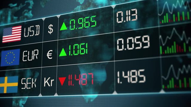 Evolution of Swedish krona, Euro, US dollar currencies with up and downs. Currency market with green and red digital animation of prices in the world, with financial and ecomonic crisis