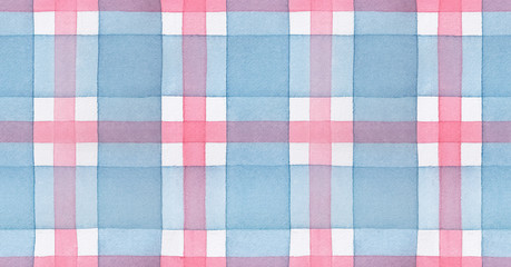 Repeatable seamless pattern of blue and pink checkered motive. Hand painted watercolour graphic drawing on white. Beautiful tender background for creative design, scrapbook, wrapping paper, package.