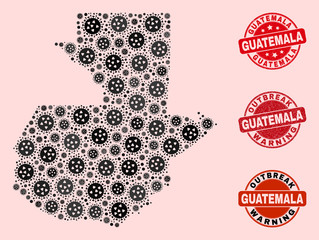 Outbreak collage of flu viral mosaic Guatemala map and corroded stamps. Vector red imprints with scratched rubber texture and Outbreak Warning caption. Mosaic Guatemala map designed with flu virus,