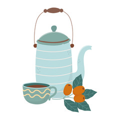 coffee time, coffee cup kettle and seeds fresh aroma beverage