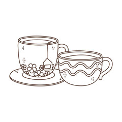 coffee time, cups coffee tea teabag fresh beverage linear design