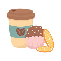 coffee time, takeaway cup cupcake and slices orange fresh beverage