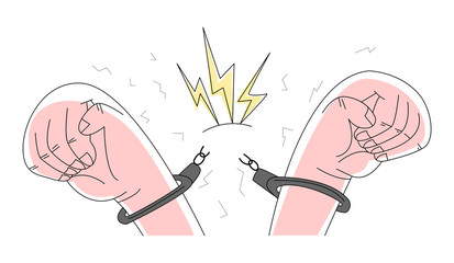 Vector flat illustration with broken handcuffs on hands. Concept of freedom, justice, revolution, and law. Can be used in banners, ads, etc.