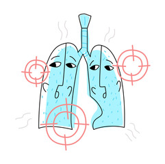 Vector flat illustration with lungs that are under gun. They are afraid and worried. Concept diagnosing lung damage, protecting them from pathogenic bacteria, viruses.