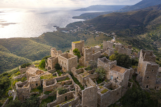 Greece Vatheia village, old traditional abandoned tower houses in Vathia on Mani Peninsula. Laconia Peloponnese