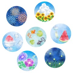 夏の風物詩　アイコンセット　水彩風　花火　金魚　ひまわり　かき氷　スイカ　風鈴　朝顔　蛍