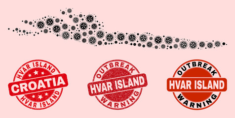 Outbreak combination of flu viral mosaic Hvar Island map and dirty seals. Vector red watermarks with unclean rubber texture and Outbreak Warning caption.