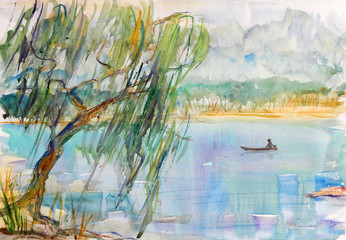 blue lake with a willow in the foreground with a boat and a fisherman