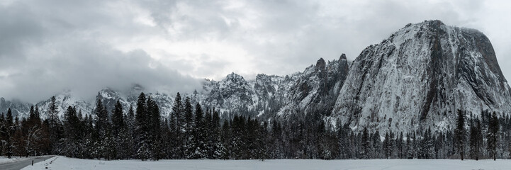 Panorama of Rock Walls Covered in Snow