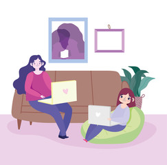 working remotely, young women with laptops in living room sofa